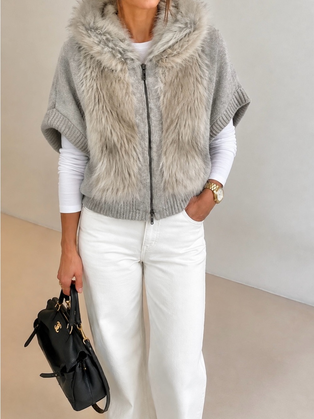 Anthropologie Cream Faux Fur Sweater
